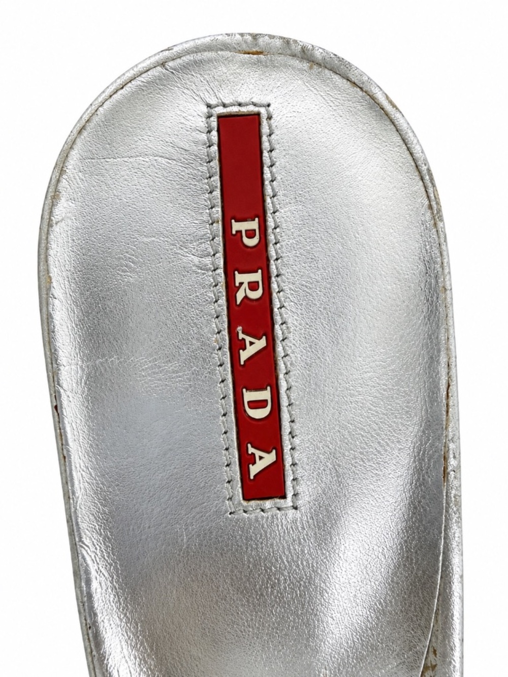 Prada Silver Metallic Leather Open Toe Mule Heels Sandals Size 37 - Picture 7 of 16